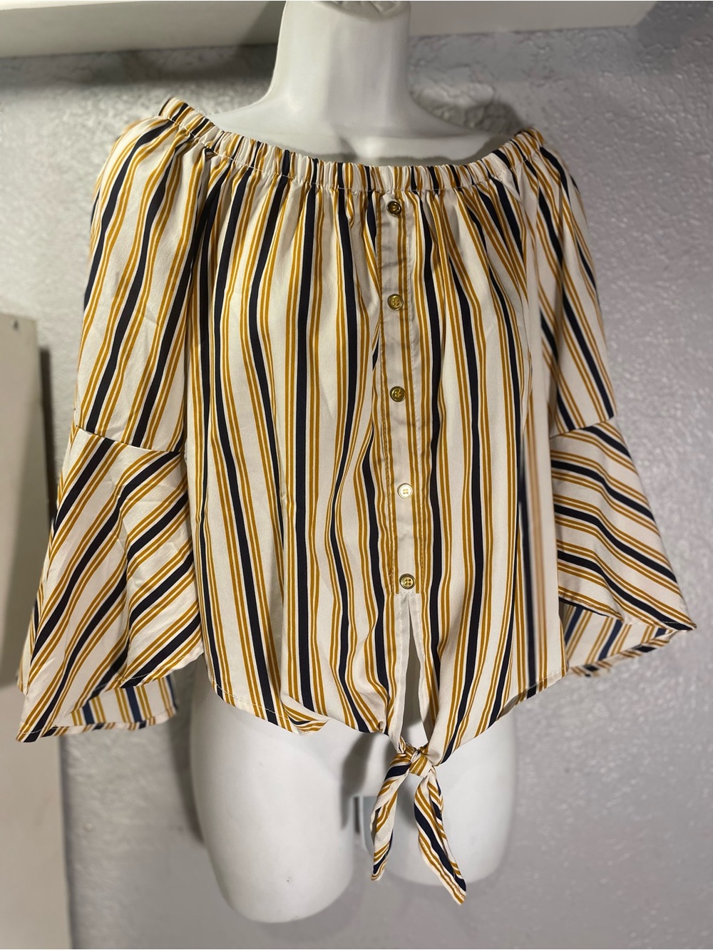 Striped Off-Shoulder Tie-Front Crop Top in Yellow & Navy